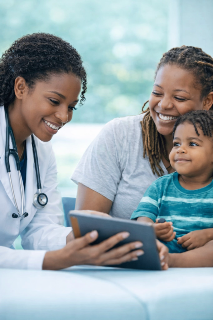 Doctor sharing knowledge with family