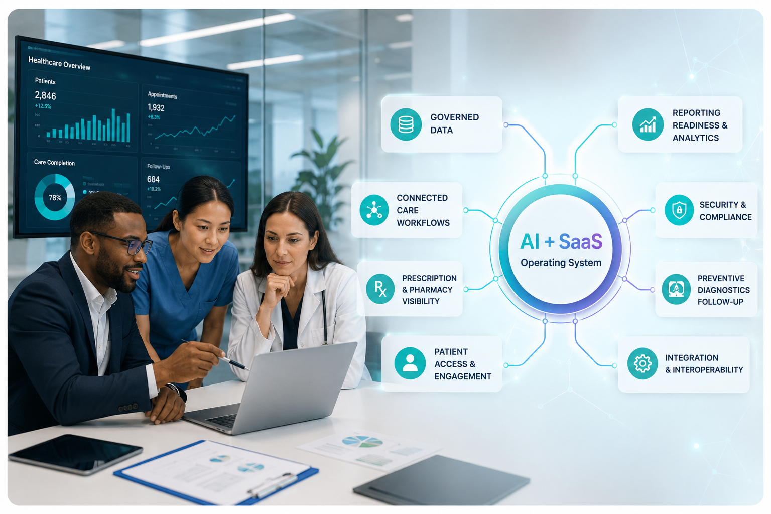 Healthcare team reviewing an AI and SaaS operating model for governed data, connected care workflows, pharmacy visibility, compliance, and analytics