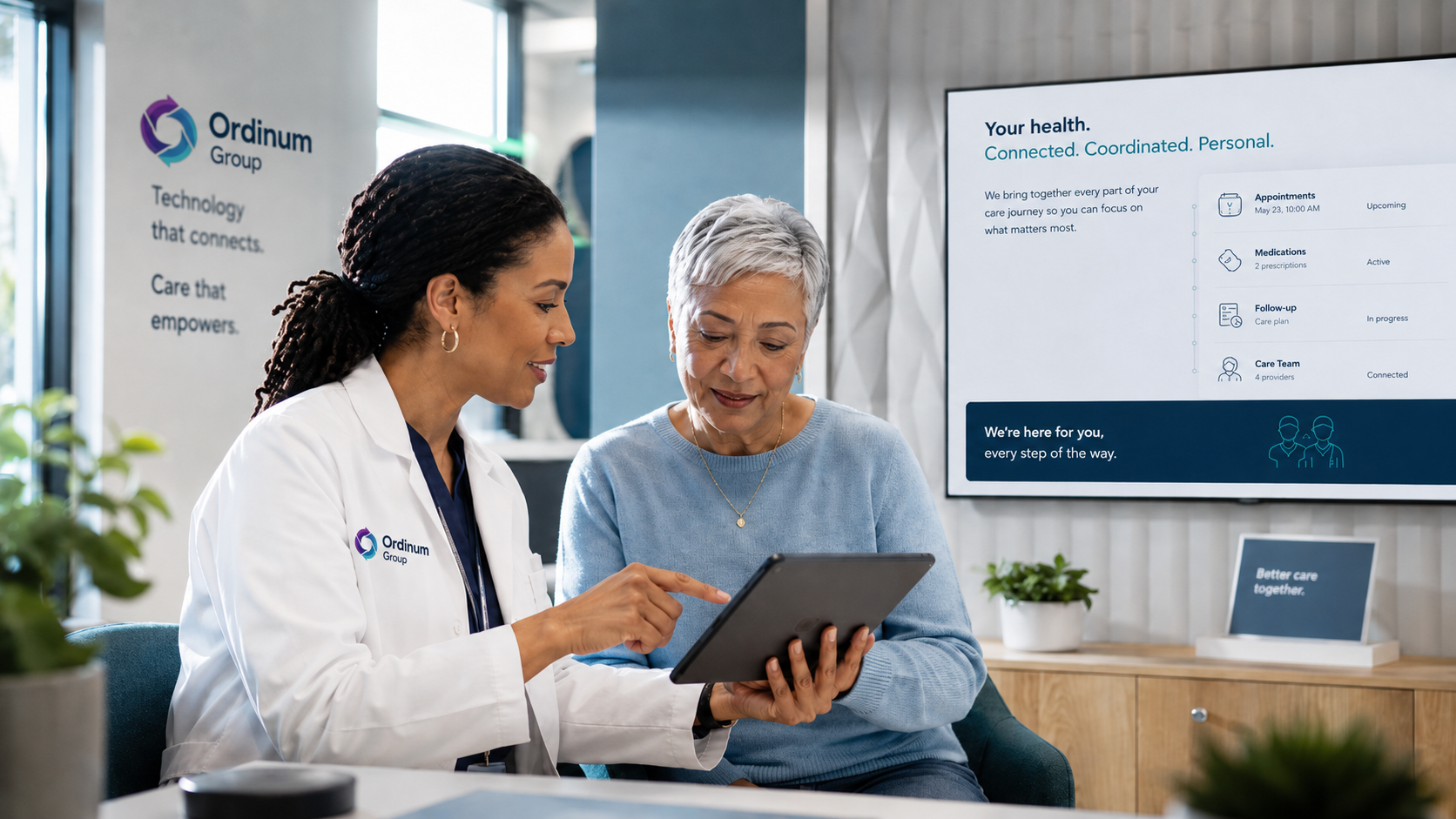 Doctor and patient using connected care technology for appointments, medications, follow-up, and care team visibility