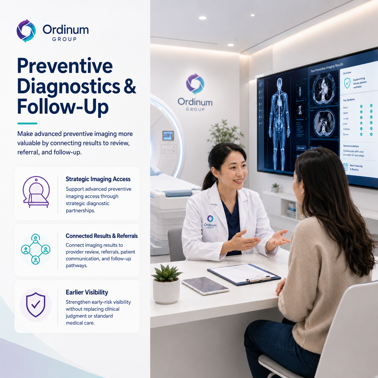 Preventive diagnostics and follow-up pathway showing consultation, imaging results, referrals, and follow-up visibility