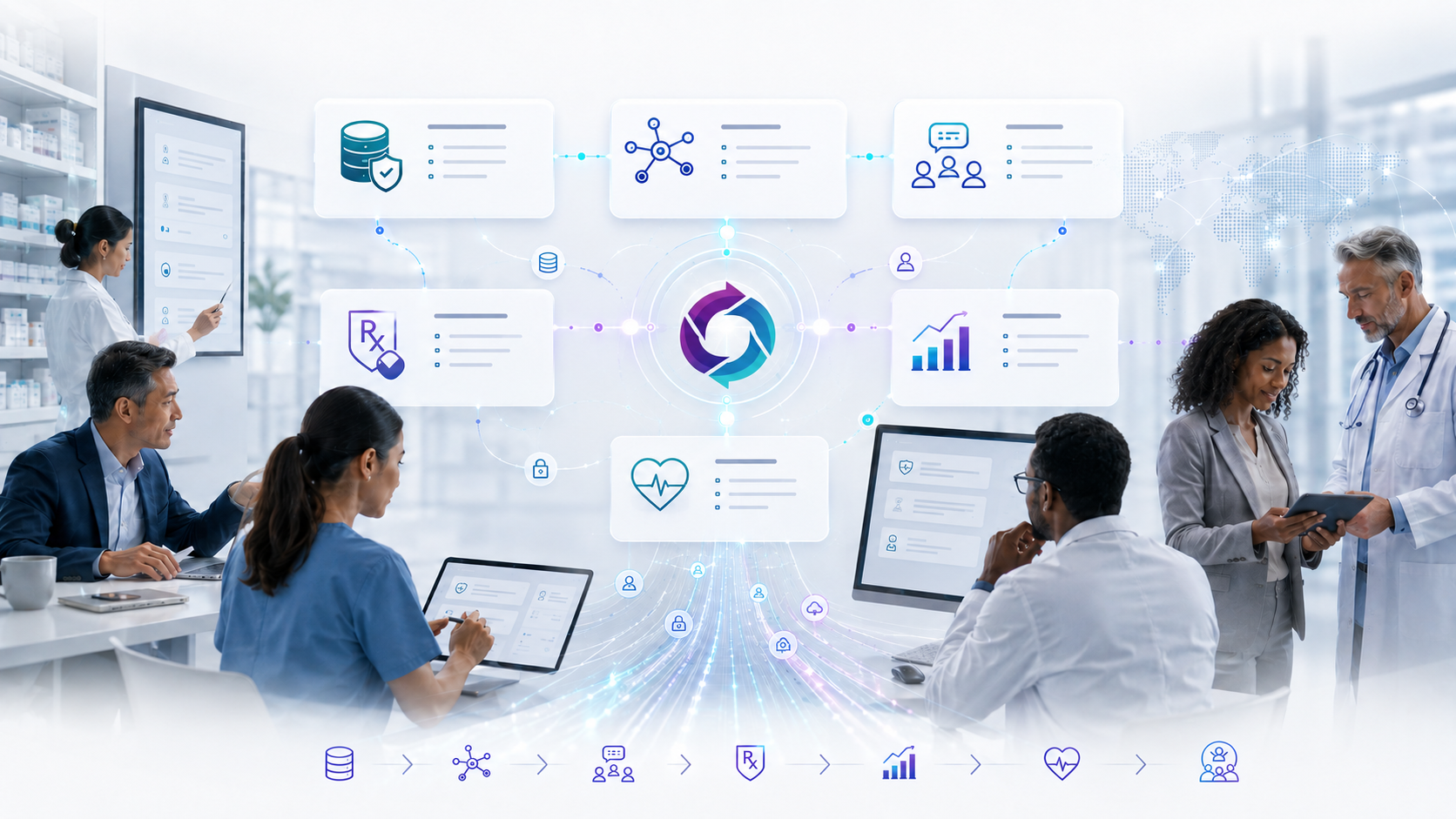 Illustration of the intended Ordinum Group healthcare infrastructure connecting data, workflows, prescription visibility, reporting, and care teams